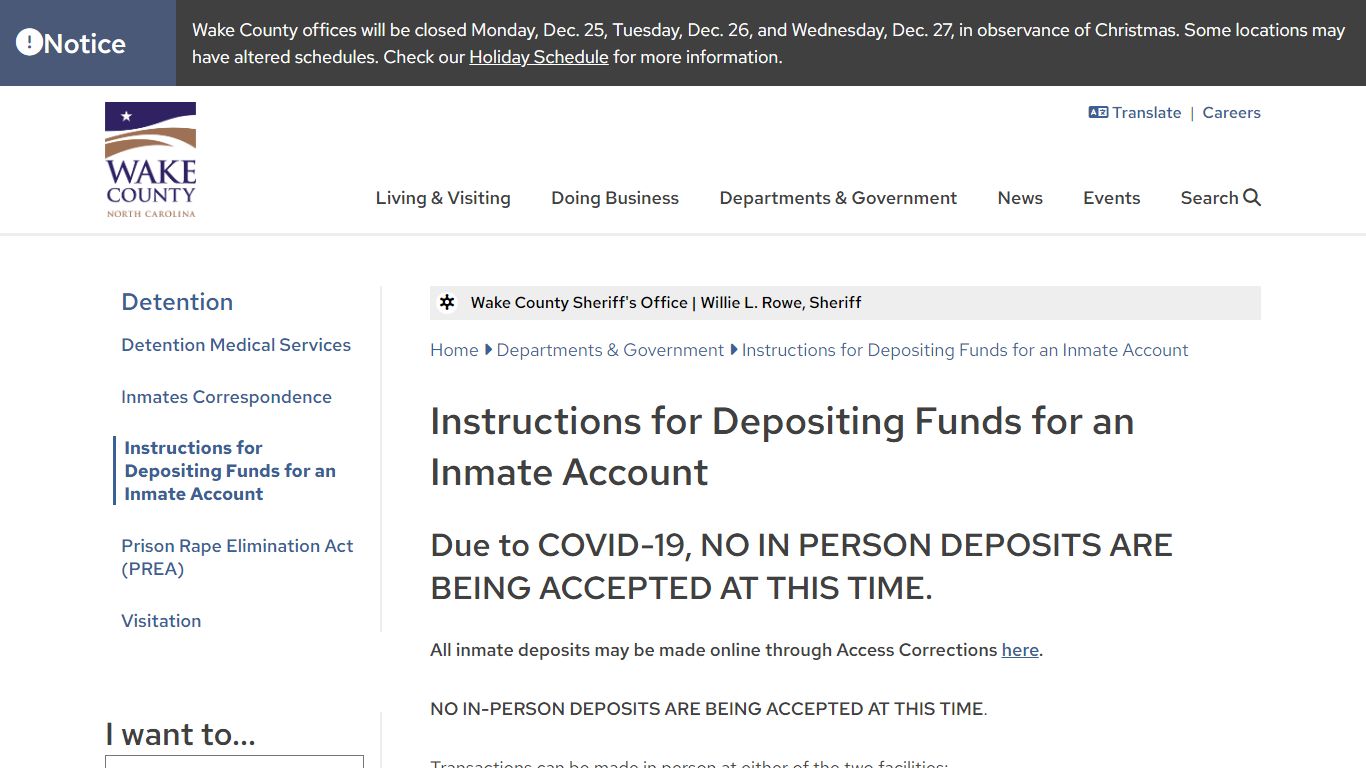 Instructions for Depositing Funds for an Inmate Account | Wake County ...